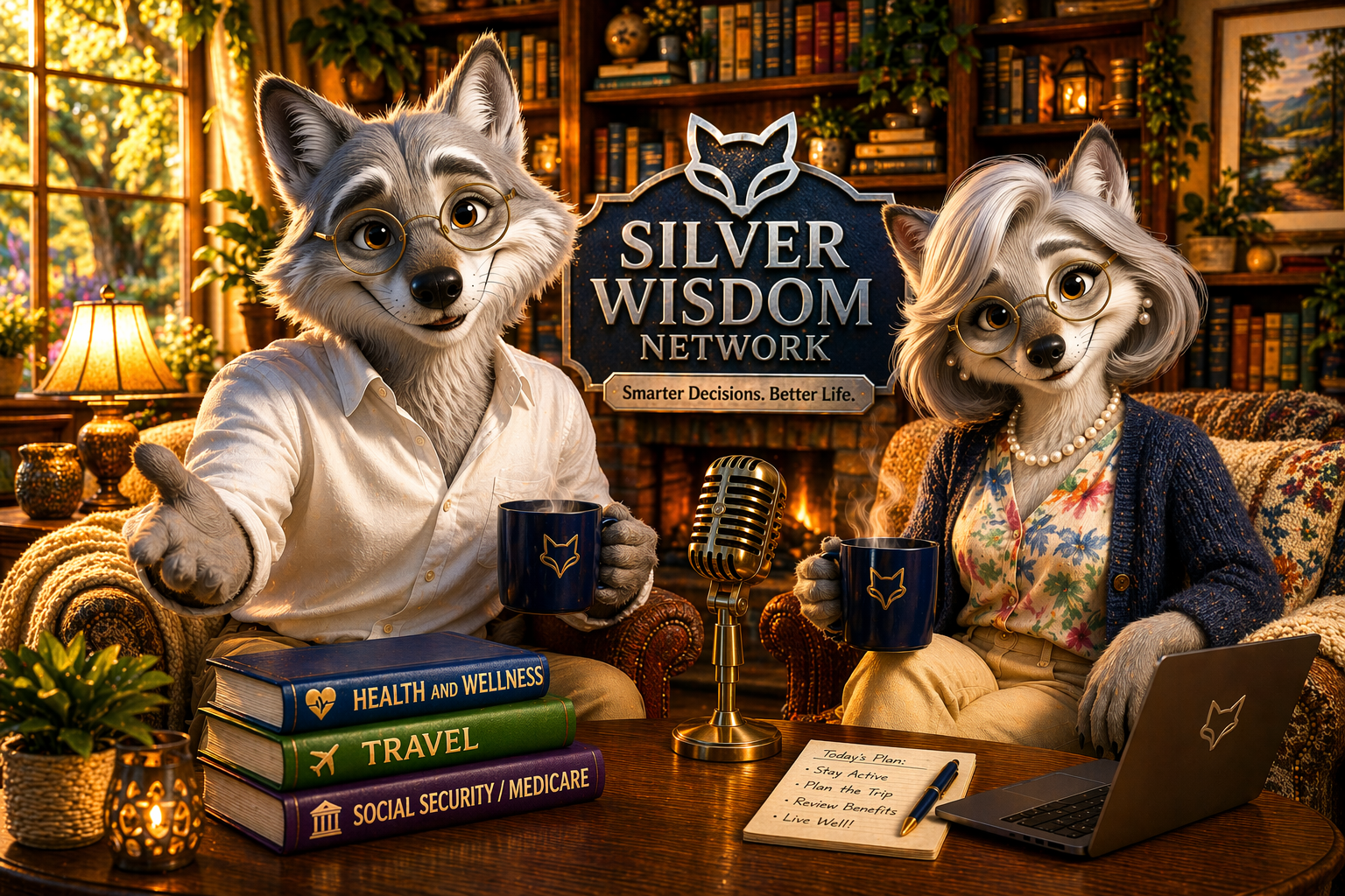 Silver Wisdom Network — both fox mascots in cozy library setting